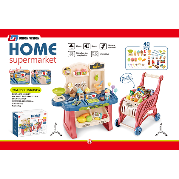 Mini multi-function supermarket table + shopping cart (with light, sound, 3 AA without electricity)